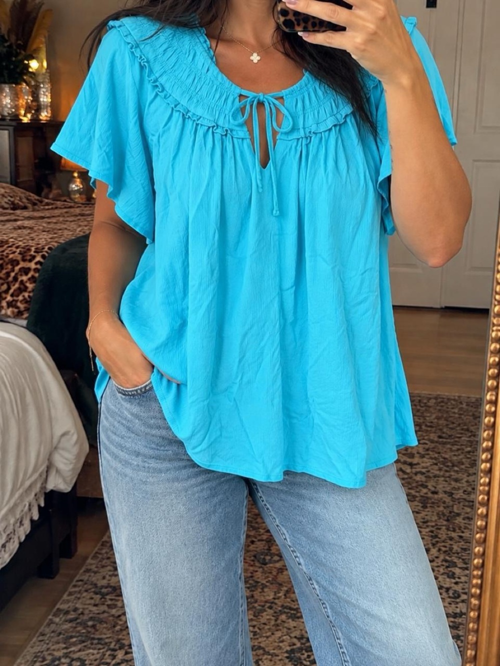 Torrid Turquoise Ruffle Tie Neck Blouse Size 1